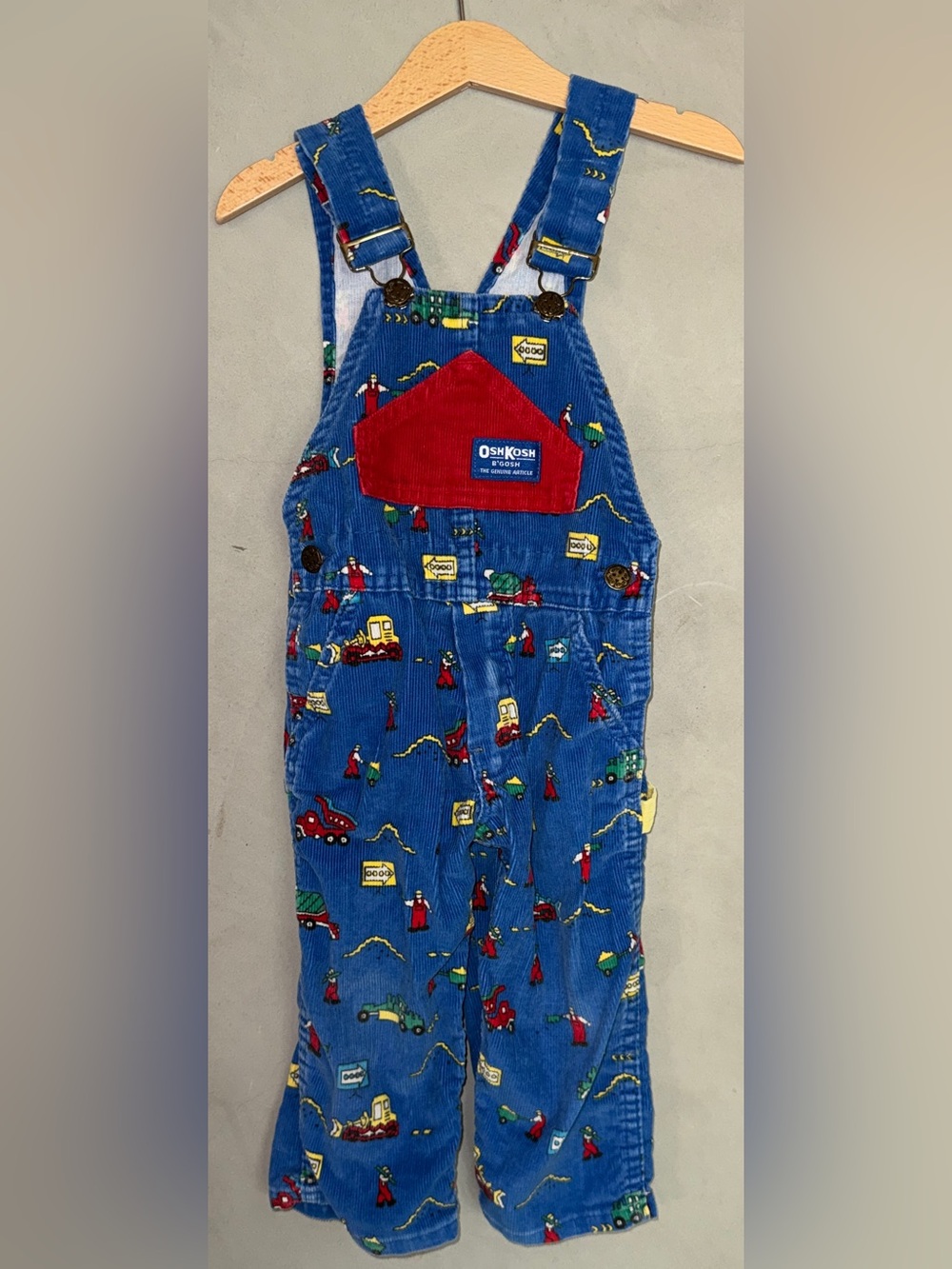 Vintage OshKosh B'gosh Blue Corduroy Overalls Construction Print 2T paper tag